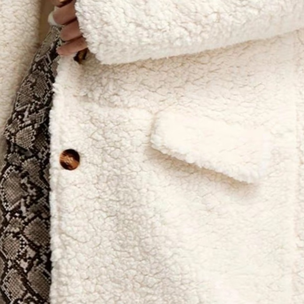 Size L Ivory BOHO lapel collar button front faux pockets lined plush Teddy coat - Picture 9 of 16